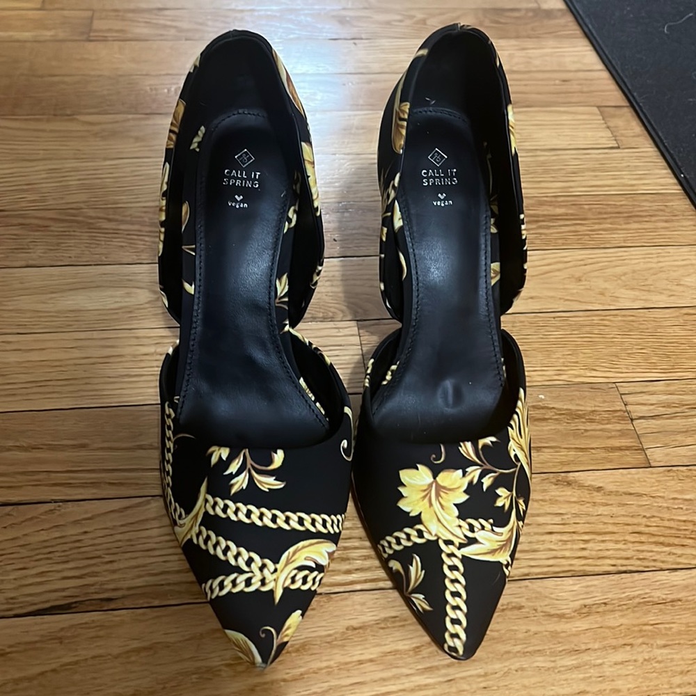 Call It Spring Black and Gold Chain heels